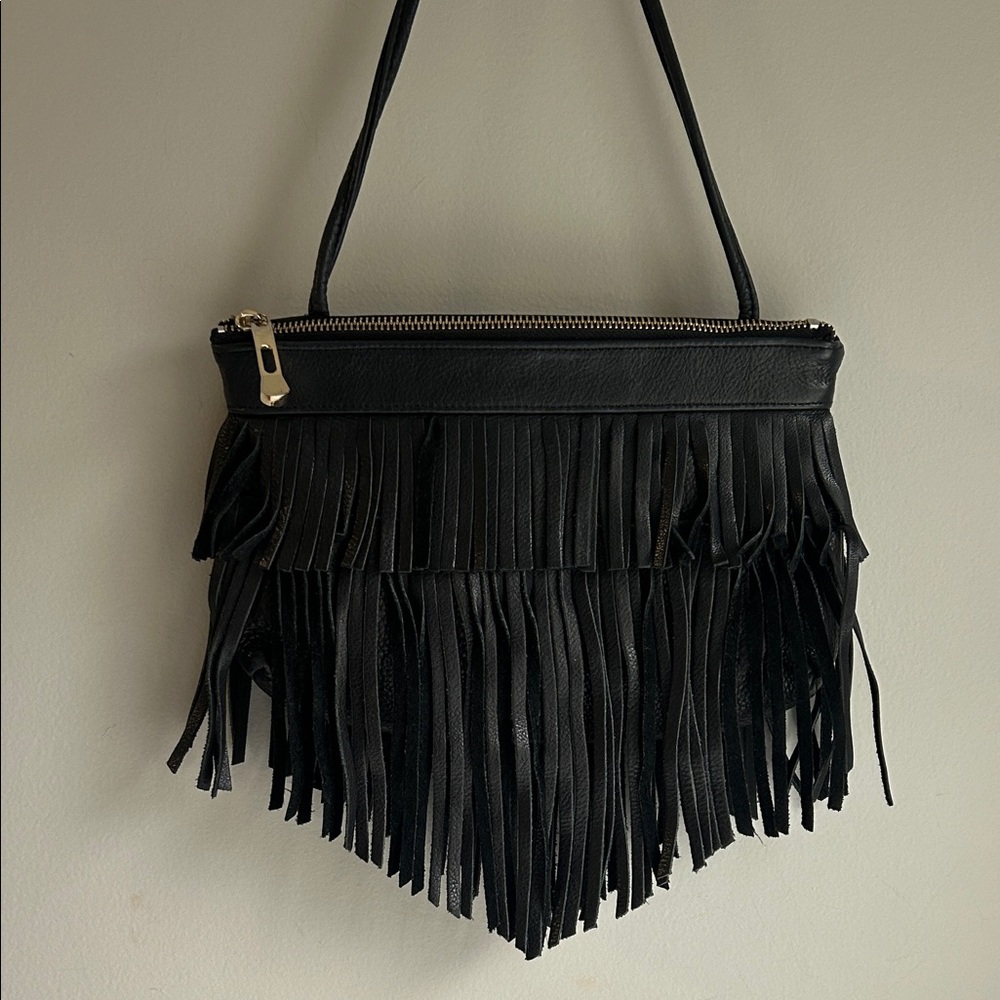 Visually Vintage 2 Black Leather Fringe Crossbody Bag